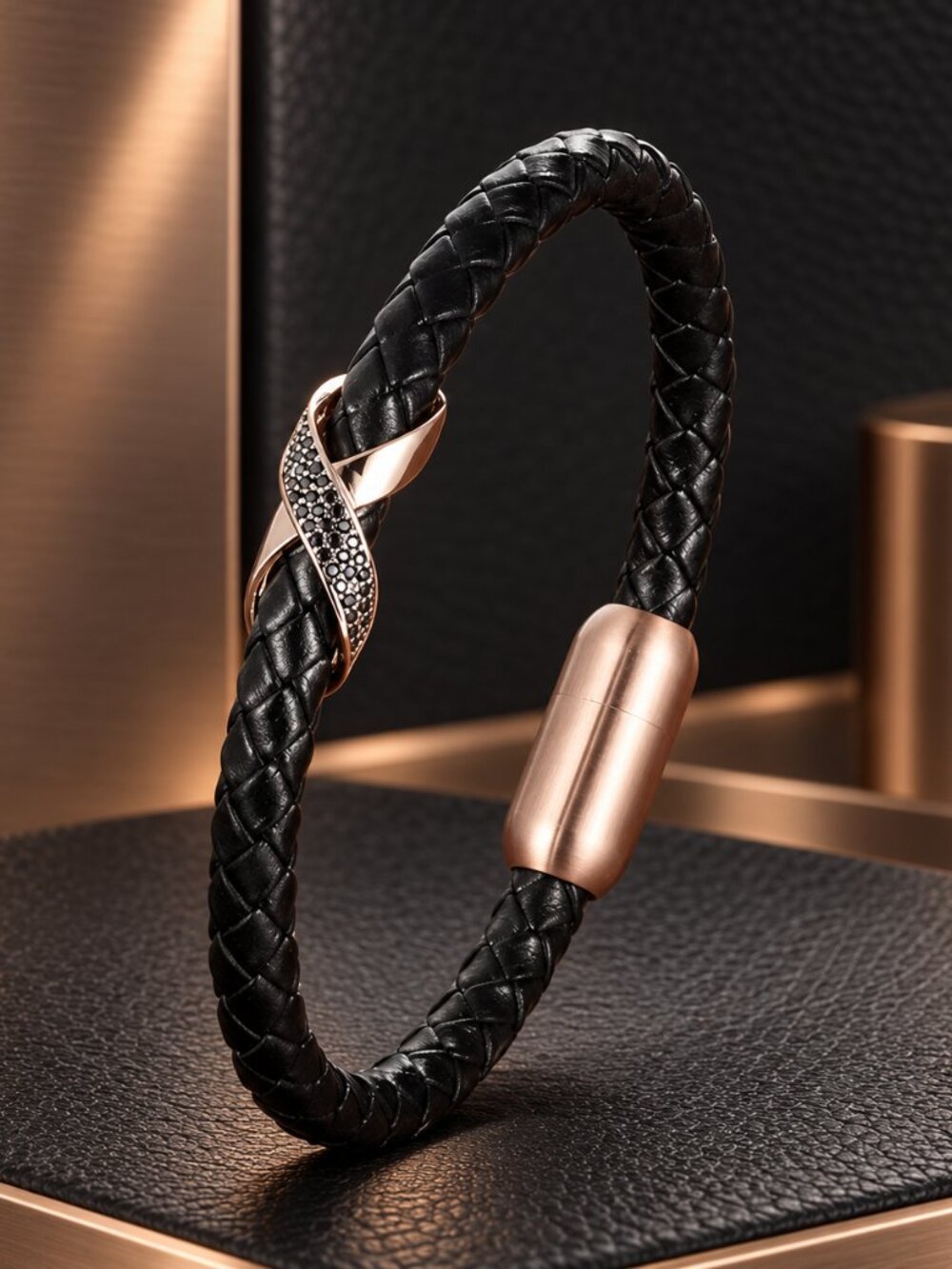 Elegant Black Braided Leather Bracelet with Rose Gold Accent